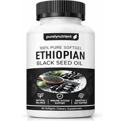 PURELYNUTRIENT Ethiopian Black Seed Oil Capsules 4.64% Thymoquinone Purely Nutrient Organic Cold Pressed Black Cumin Seed Oil Softgels Non-GMO Gluten-Free 60 Softgels