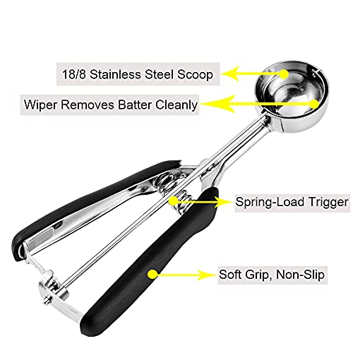 SUNNORN Cookie Scoop set, Size #60/ #40/ #20 Size Cookie Dough Scoop, 3 Pack Cookie Scoops for Baking, Non-slik Grip, Black, 18/8 Stainless Steel