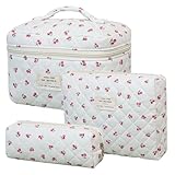 GUIFIER 3 Pack Makeup Bag Set, Quilted Cosmetic Bag, Large Floral Makeup Bags, Cotton Makeup Bags, Coquette Makeup Pouch, Make Up Organizer Bag, Flower Travel Toiletry Bag (Cute Cherry)
