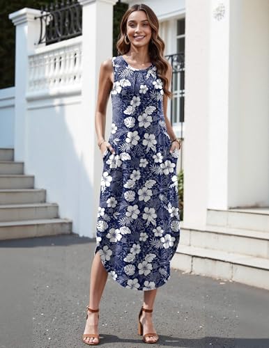 Image of Zeagoo Women Floral Summer Casual Beach Printed Tank Dress with Pockets Pleated Front Long Dress