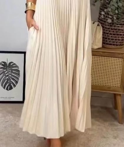 Image of SEMATOMALA Women's Pleated Short Sleeve Maxi Dress Crewneck Loose Fit Flowy Swing Long Dress with Pockets