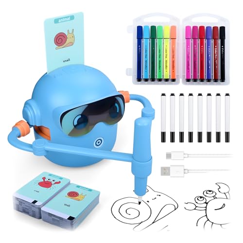 MMOBIEL Robot de Dessin pour Enfants Jouet Éducatif Interactif avec 100 Cartes de Dessin, Guide Vocal, 12 Feutres Colorés & Batterie USB-C – Cadeau Créatif pour Filles, Garçons 3 à 9 Ans – Bleu
