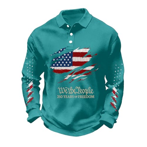 JWNYJFB 250 Anniversary USA Polo Shirt Mens Waffle Button Down American Flag Graphic Tshirt Casual Long Sleeve Top 1776-2026 250th Anniversary USA Patriotic Tee MintGreen L