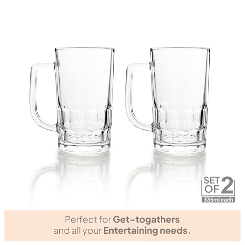 Image of CELLO Classic Glass Beer Mug with Handle Set of 2 Pcs, 330 ml Transparent | Freezer & Fridge Safe, Durable Leadfree Dishwasher Safe Toughened Glass Mug for Serve Beer, Cocktail Mocktail & Beverages