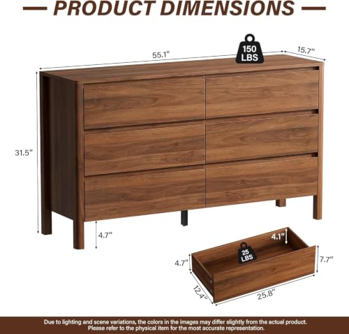 Image of Furniway Walnut 3 Piece Bedroom Set, 6 Drawer Dresser and Nightstands