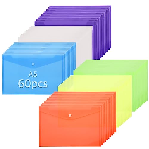 YAYODS 60 Pack Plastic Wallets with Popper Assorted Colours A5 Document Holders
