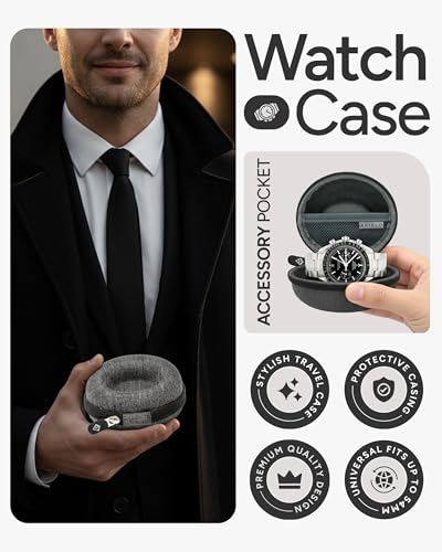 AKIELO Watch Case – Watch Travel Case with Cleaning Cloth and Gift Box – Fits Mens and Womens Wristwatches and Smart Watches up to 54mm (Charcoal Grey Edition)