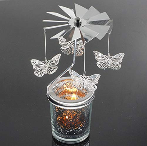Libertroy Forma de Mariposa Rotación romántica Candelabro Puerta Giratoria Molino de Viento Cielo Estrellado Candelabros Bricolaje - Plata