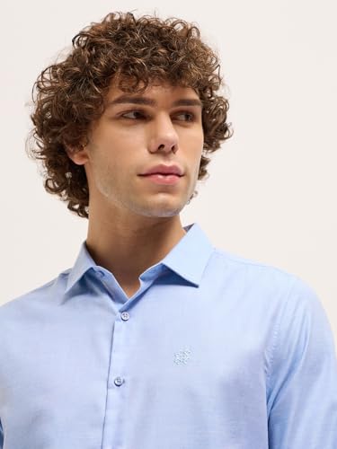 Image of THE BEAR HOUSE Men's Blue Tailored Fit Full Sleeve Cotton Solid Shirt