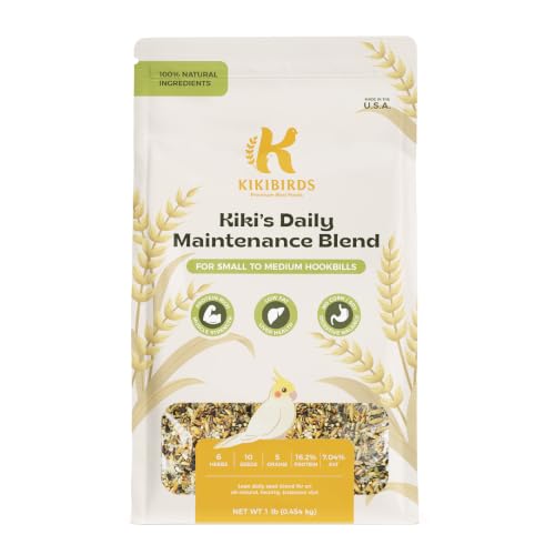 KikiBirds Premium Parrot Food| Protein-Rich Low-Fat Formula | Cockatiel Conure Lovebird Quaker Parrotlet | No Corn Soy Peanuts | Gourmet Whole Grains & Seeds | Daily Maintenance Blend (1 lb)