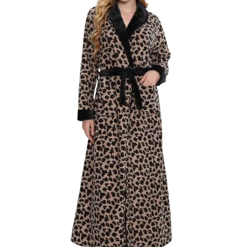 Hiseng Albornoz Mujer Bata Mujer Invierno Leopardo Clásico Batas de Casa de Polar Larga Suave y Grueso con Bolsillos y Cinturón Albornoz de Baño Unisex Cálido Ideal para Sauna Casa (Negro,XL)