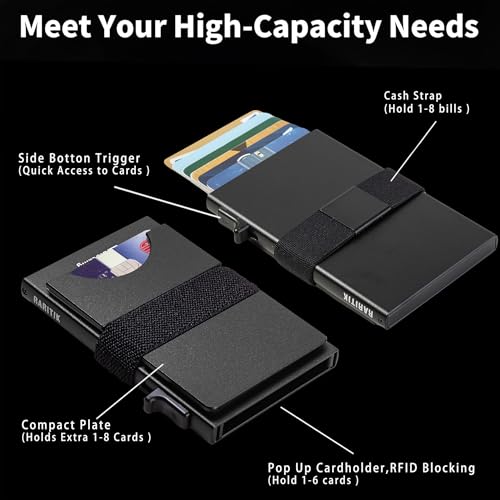 Image of Card Holder Wallets for Men | Slim Aluminum Wallet | RFID Blocking Minimalist Metal Pop Up Wallet | Money Clip & Cash Band | Expandable Compact Plate | Men's Accessories & Gifts for Men,Black