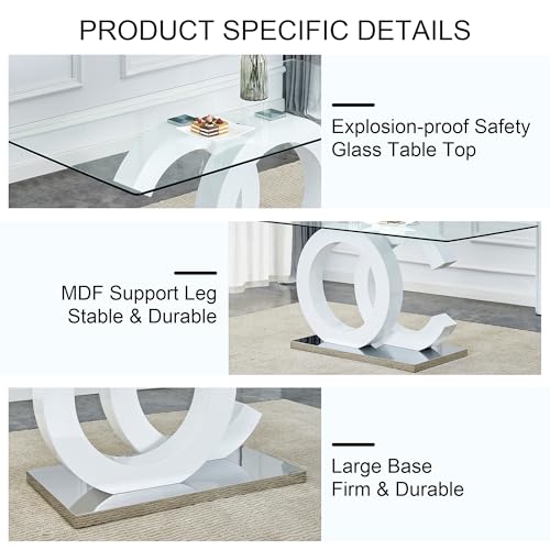 FFIKK 7 Piece Dining Table Set,Glass Dining Table Set for 6,Modern Dining Table and Faux Leather Padded Seats for Kitchens, Living Rooms, Bedrooms (White Table-White Chair B-6)