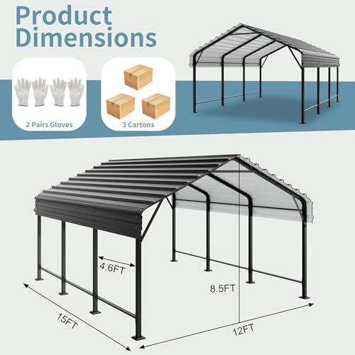 Image of Shintenchi 12x15 FT Metal Carport, Oversized Carport Garage with Enhanced Base, Outdoor Galvanized Car Shelter, Heavy Duty Carports Canopy, for Car, Boats and Tractors