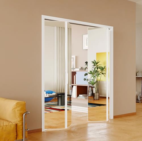 SOLRIG Bifold Doors, Interior Mirror Closet Doors with Hardware Kit, 1-Lite Mirror Aluminum Alloy Folding Door, Perfect for 30'' x 80'' Openings, Bi fold Door for Closet, Bedroom, Pantry, White
