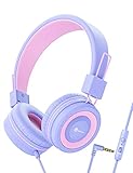 iClever Kids Headphones for Girls with Microphone - 85/94dB Volume Control, Wired, Adjustable, Foldable - Childrens Headphones for iPad/Tablet/Airplane/School, Purple