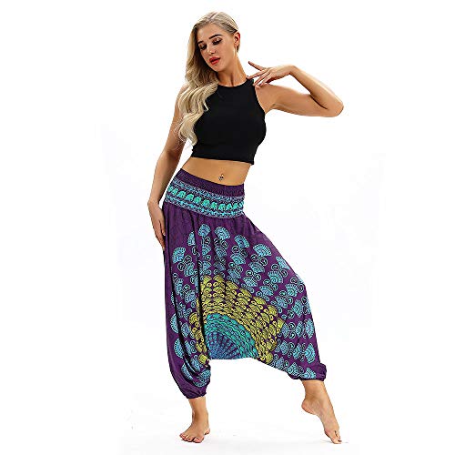 LEvifun Pantalones Mujer Yoga y Pilates Pantalones harén Pantalones Bombachos harén con Colores sólidos cinturón Aladdin Yoga Verano una Talla