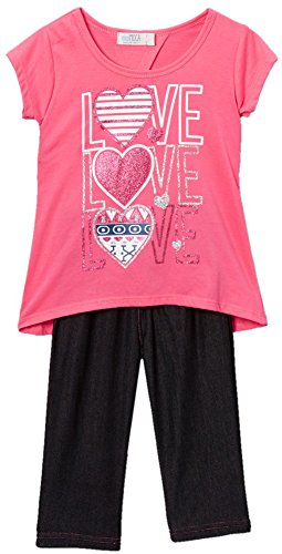 Image of ToBeInStyle Girl's 2 Piece Outfit Layered Top & Capri Jeggings Set Casual Denim Look Leggings