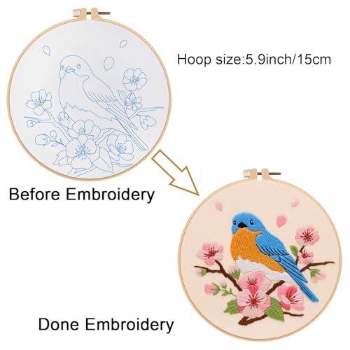 Image of Louise Maelys Blue Bird Embroidery Kit for Beginners, DIY Floral Kit | Needlepoint Kit with Hoop, Printed Fabric, Threads, Needles and Instructions. Perfect for DIY Cross Stitch Kits craft at home