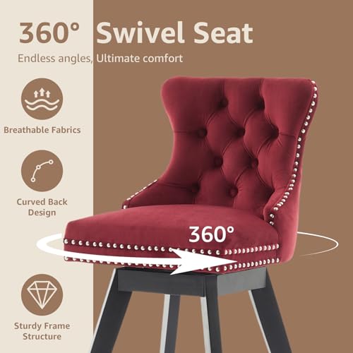 Set de 4 Butacas de Bar Giratorias, Terciopelo Rojo, Altura para Barra con Respaldo | Butacas Giratorias para Barra con Asiento Acolchonado, Respaldo Curvado, Patas de Madera Maciza y Detalle de Tachuelas miniatura 5
