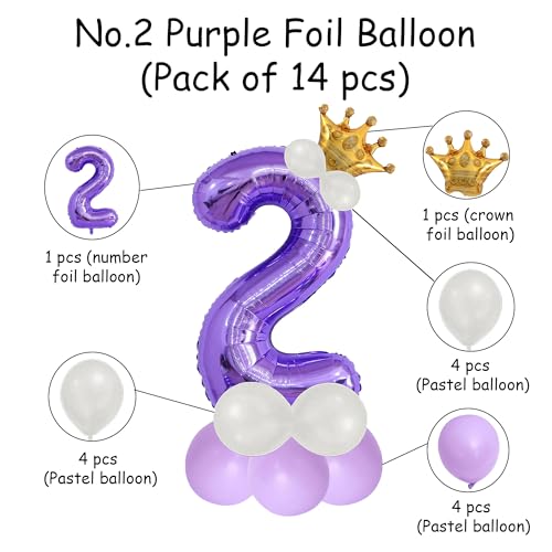 Image of Purple 2 Number Foil Balloon with Crown & Base Balloons | 32 Inch Helium Supported for Birthday, Anniversary, Baby Shower Decoration - Pack of 14