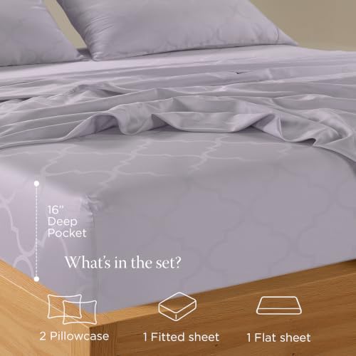 Image of Threadmill Cotton Twin XL Sheet Set | 100% Cotton Sheets for Twin XL Size Bed | Damask Jacquard Sateen Twin XL Bed Sheets Set with 16 inch Deep Pocket | Soft Breathable 3-Piece Cooling Sheet Set | Lilac