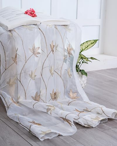 Image of (5 Ft Sheer Tissue with Embroidery Flower Design | Grommet Curtains Window Curtain | Window Curtain (Brown) | for Home | Pack of 2 | 152 L X 121 W Centimeters