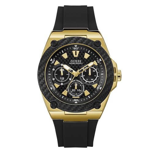 GUESS Comfortable Black Stain Resistant Silicone Watch with Gold-Tone Day, Date + 24 Hour Military/Int'l Time. Color: Black (Model: U1049G5)