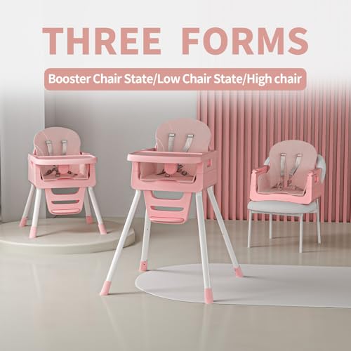 Image of Portable High Chairs for Babies and Toddlers, Convertible Baby Feeding Chair with Tray, Easy Clean High Chair for Toddler with Foot Rest, Infant Highchairs & Booster Seats with Cushion Pink
