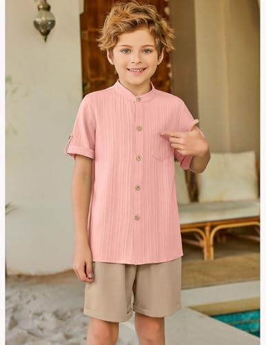 Image of Arshiner Boy's 2 Piece Beach Outfit Short Sleeve Textured Button Down Shirt and Short Sets Summer Vacation Wear 4-12 Years