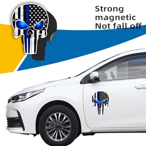 Image of Punisher Skull Tattered Subdued US Flag Reflective Magnet Decal with Thin Line Car Sticker, Truck Accessories (Black with Blue)