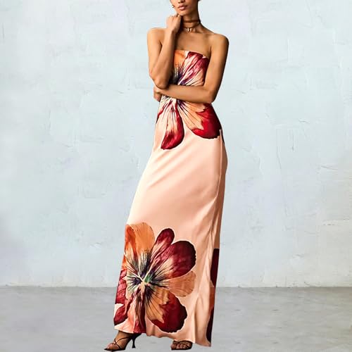 Image of Women Y2k Strapless Maxi Dress Summer Backless Floral Long Tube Dress Off Shoulder Cocktail Party Dress