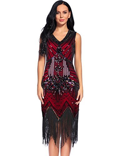 Women's 1920s Gastby Sequin Embellished Fringed Flapper Dress (Red,S)