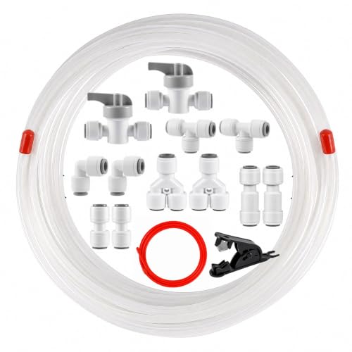 ilauke Refrigerator Water Line Kit 32.8FT 1/4 OD NSF Certified LLDPE Tubing with 12 Push-to-Connect Fittings 2m Red Wastewater Pipe & Cutter for Ice Maker Water Filter RO System