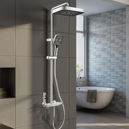 Image of Ruhe Ripple Smart Shower Panel Set, 4-in-1 Multi Flow Functions, Piano Button Shower Panel System Chrome Finish, Includes Overhead Shower, 3-Flow Hand Shower and Dual Mode Water Spray Health Faucet