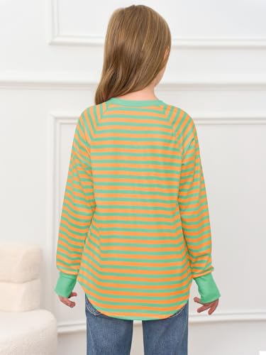 Image of Haloumoning Girls Striped Long Sleeve Shirts 5-14 Years | Thumb Hole, Crewneck, girls tops,Tunic Tops, Curved Hem Tees