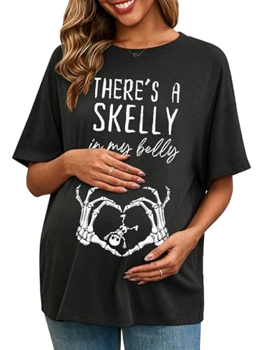 Maternity Halloween T Shirt Skelly in My Belly Pregnant Short Sleeve Shirts Halloween Pregnancy Announcement Top Tees Gray