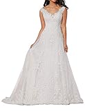 HUINI Damen Brautkleid Lang Spitzen Hochzeitskleider A-Linie Ärmellos Brautmode Vintage V-Ausschnitt Standesamtkleider Weiß 54