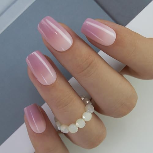 CurvLife Medium Square French Tip Press On Nails, Rose Fade Pink, Soft Gel