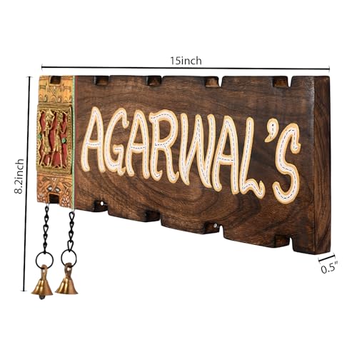 Image of Aakriti Art Creations Dhokra Doorway Handcrafted Dhokra Brass Art Solid Wood Nameplate for Home Entrance | Customised Name Plate for Home Entrance Outdoor | Wooden Name Plate for Home Entrance |