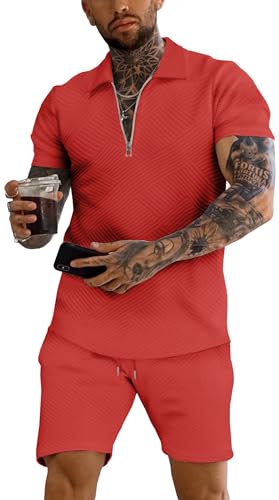 URRU Mens Polo Shirt and Shorts Set Summer Outfits Fashion Casual Short Sleeve Polo Suit for Men 2 Piece Short Set Red L