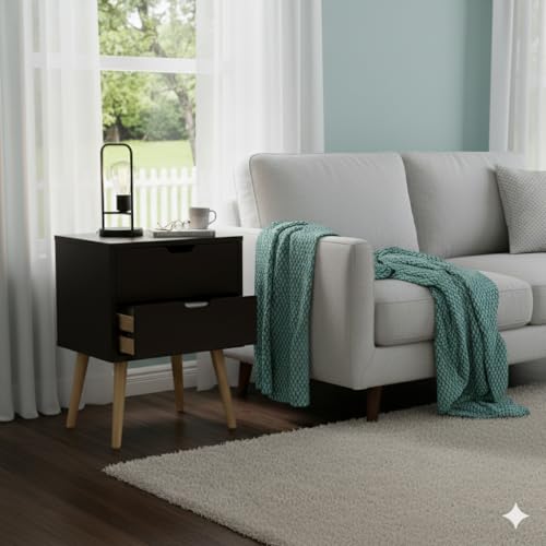 Image of Modern Wooden Bedside Table with 2 Drawers | Compact Night Stand Side Table for Bedroom Living Room | Space Saving Storage Furniture with Sturdy Legs (Brown, 2 Drawer)