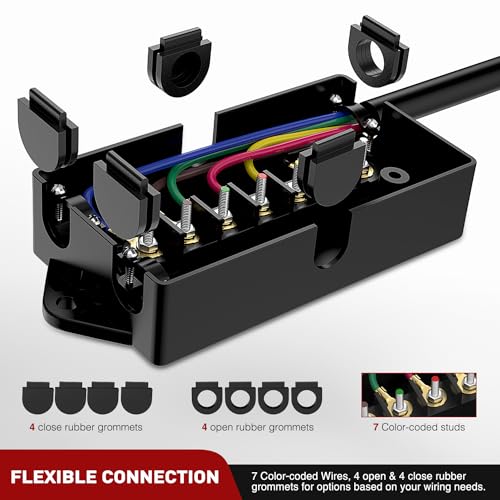 Image of Nilight Heavy Duty 7 Way Inline Trailer Plug with 7 Gang Junction Box | Weatherproof 12 Feet Connector Cable Wiring Harness Suitable for RV Automotives Cars