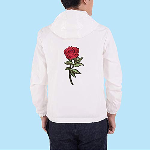 Rexcyril Men's Rose Floral Windbreaker Hooded Jacket Lightweight Solid Color Casual Full Zip Flower Coat Small White