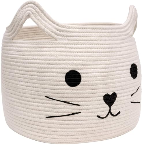 Image of ALBY Woven,Tall Wicker Laundry Basket for Blankets,Clothes,Pillows,Toys,Shoes Large Cotton Laundry Hamper for Bedroom Living Room Bathroom Nursery (15d'' x 12h'' inch, Off-White cat)