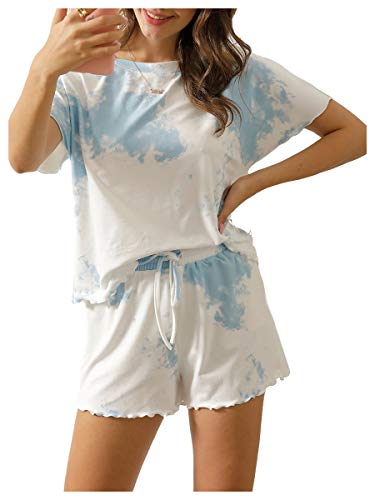 Ever-Pretty Set Pigiami Due Pezzi Donna Magliette e Pantaloncini a Maniche Corte Loungewear Completino da Notte per Estate Blu 4XL