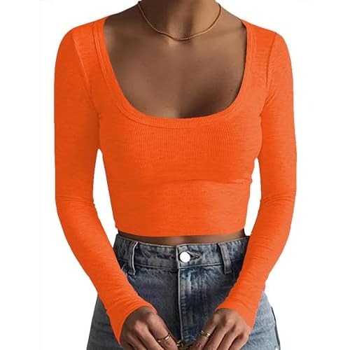iGENJUN Women's Square Neck Long Sleeve Ribbed Slim Fitted Casual Long Sleeve Shirts Basic Crop Top 2024 Trendy Clothes X-Large Orange