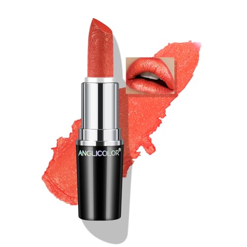 Anglicolor Glitter Coral Lipstick,High Impact Lipcolor,Lightweight Hydrating Formula Smooth and Non-Sticky,Metallic Orange Lipstick For Women,Full-Coverage Lip Color(14 SUNRISE AT SEA, 4g)