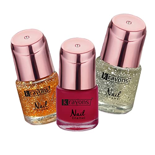 Image of Krayons Crazy Gel Nail Enamel, Waterproof, Longlasting, 8ml Each, Multicolor, Pack of 3 (Shimmer Golden, Shimmer Silver, Red Rose)