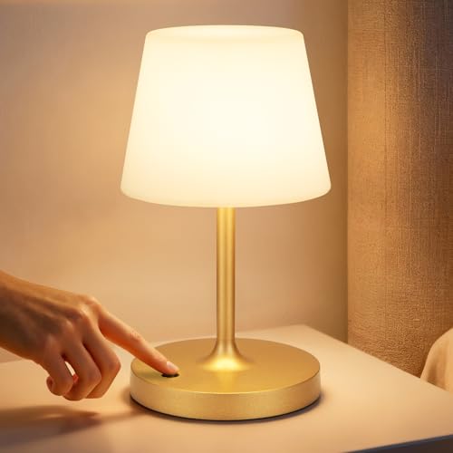 PreeOtti LED Tischlampe Kabellos Nachttischlampe Touch Tischlampe Kabellos Akku mit Stufenlos Dimmbar & Memory Funktion Touch Nachttischlampe Dimmbar für Schlafzimmer Café Outdoor Gold